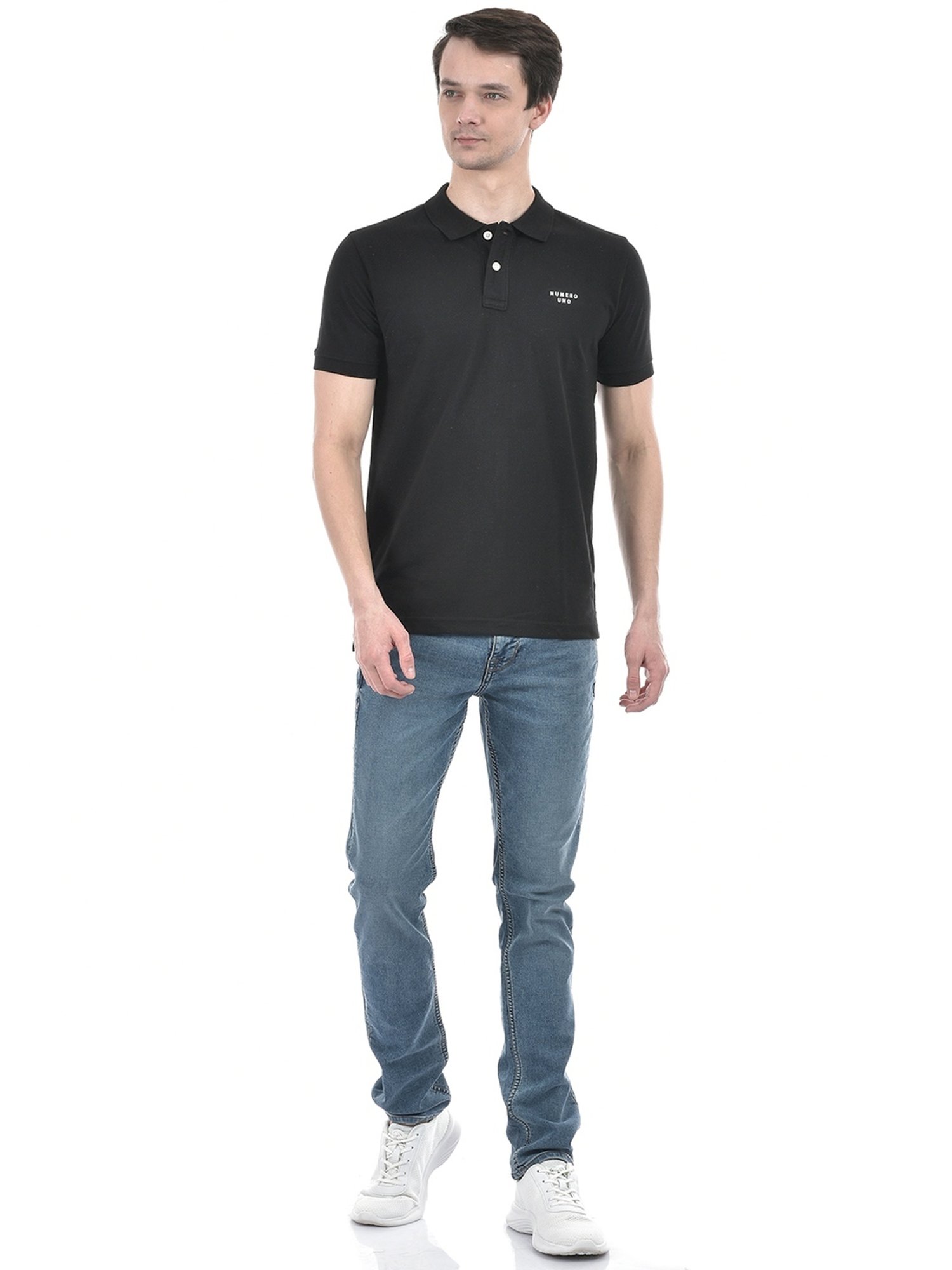 Numero Uno Black Cotton Slim Fit Polo T-Shirt