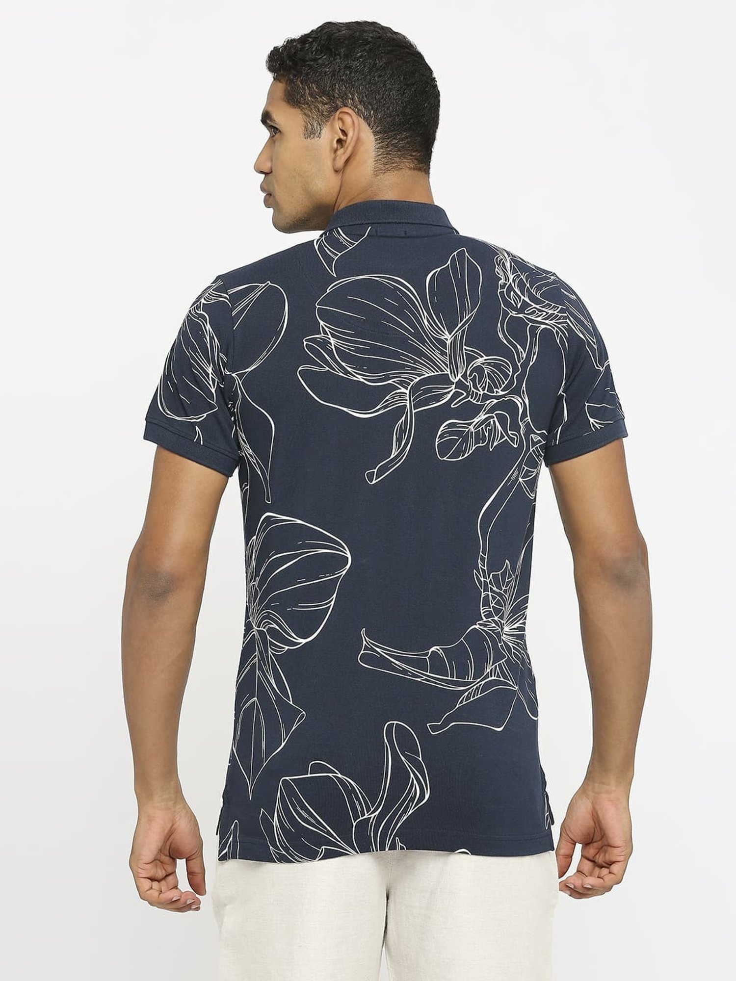 Basics Grey Cotton Muscle Fit Printed Polo T-Shirt