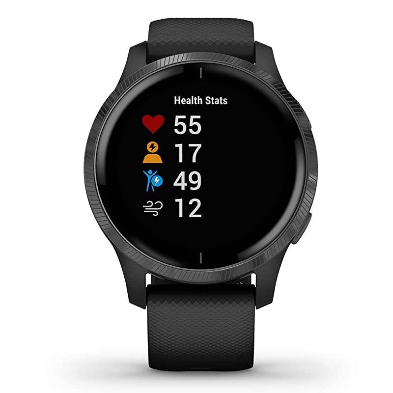Garmin Venu (Black/Slate) Power Bundle | +HD Screen Protectors (x4) &  Portable Charger | AMOLED Display, Spotify | Fitness GPS Smartwatch