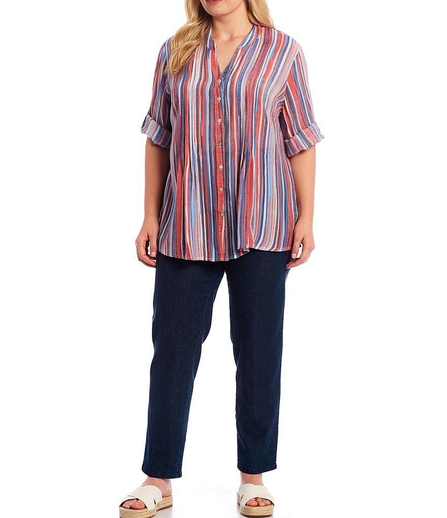 Democracy Plus Size Floral Print 3/4 Puff Sleeve V-Neck Knit Top