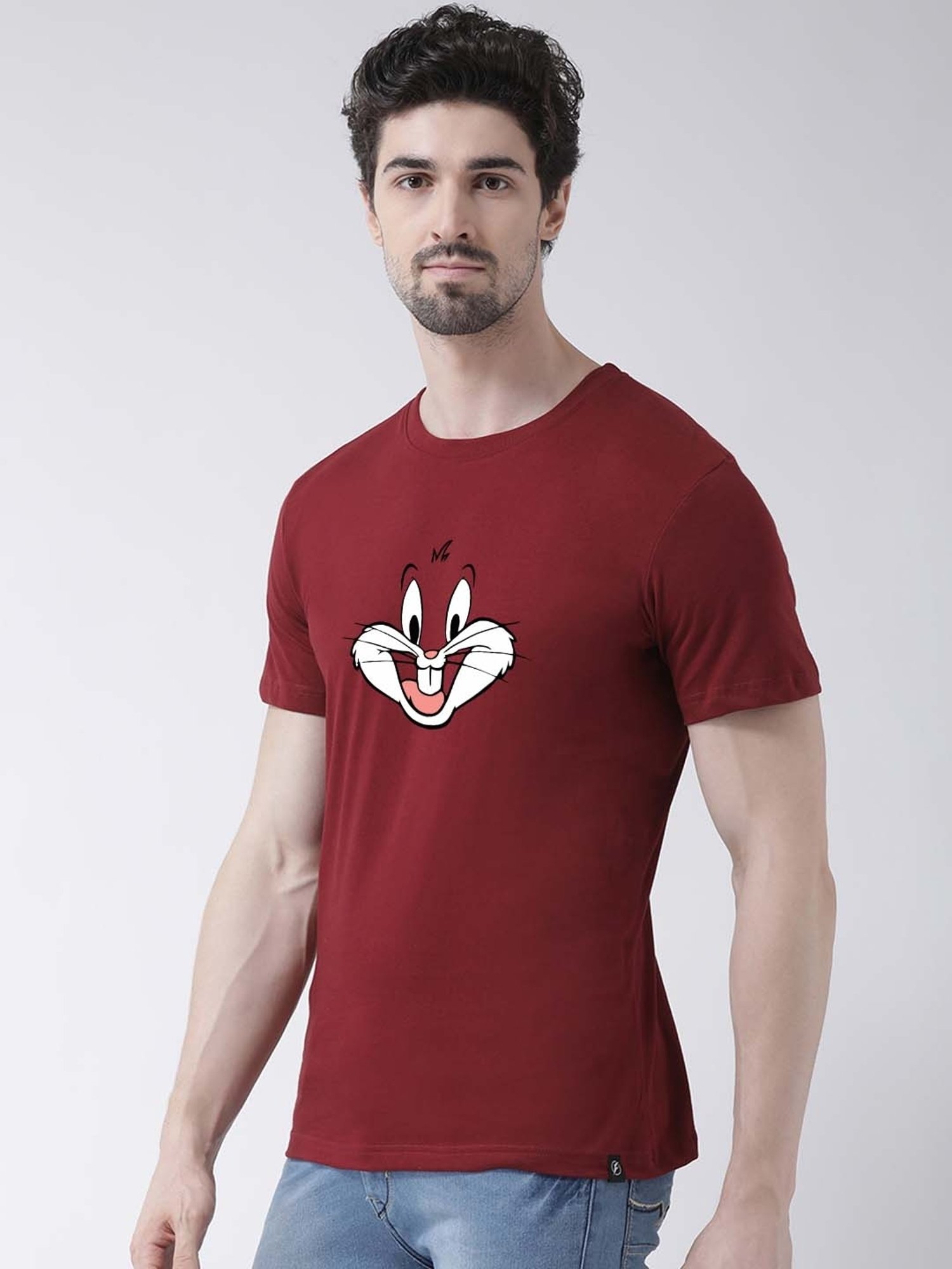 Friskers Maroon Cotton Slim Fit Printed T-Shirt