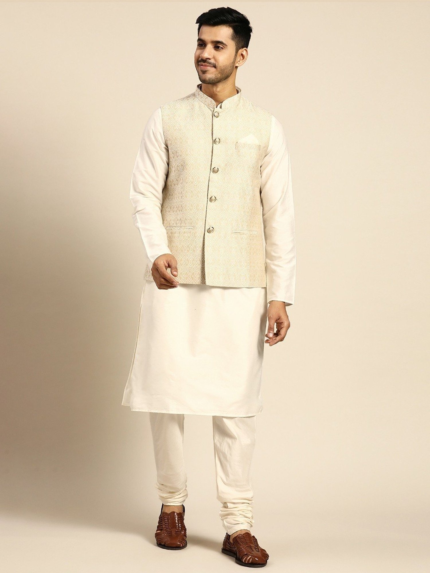 KISAH Cream Regular Fit Self Pattern Kurta Set With Jacket