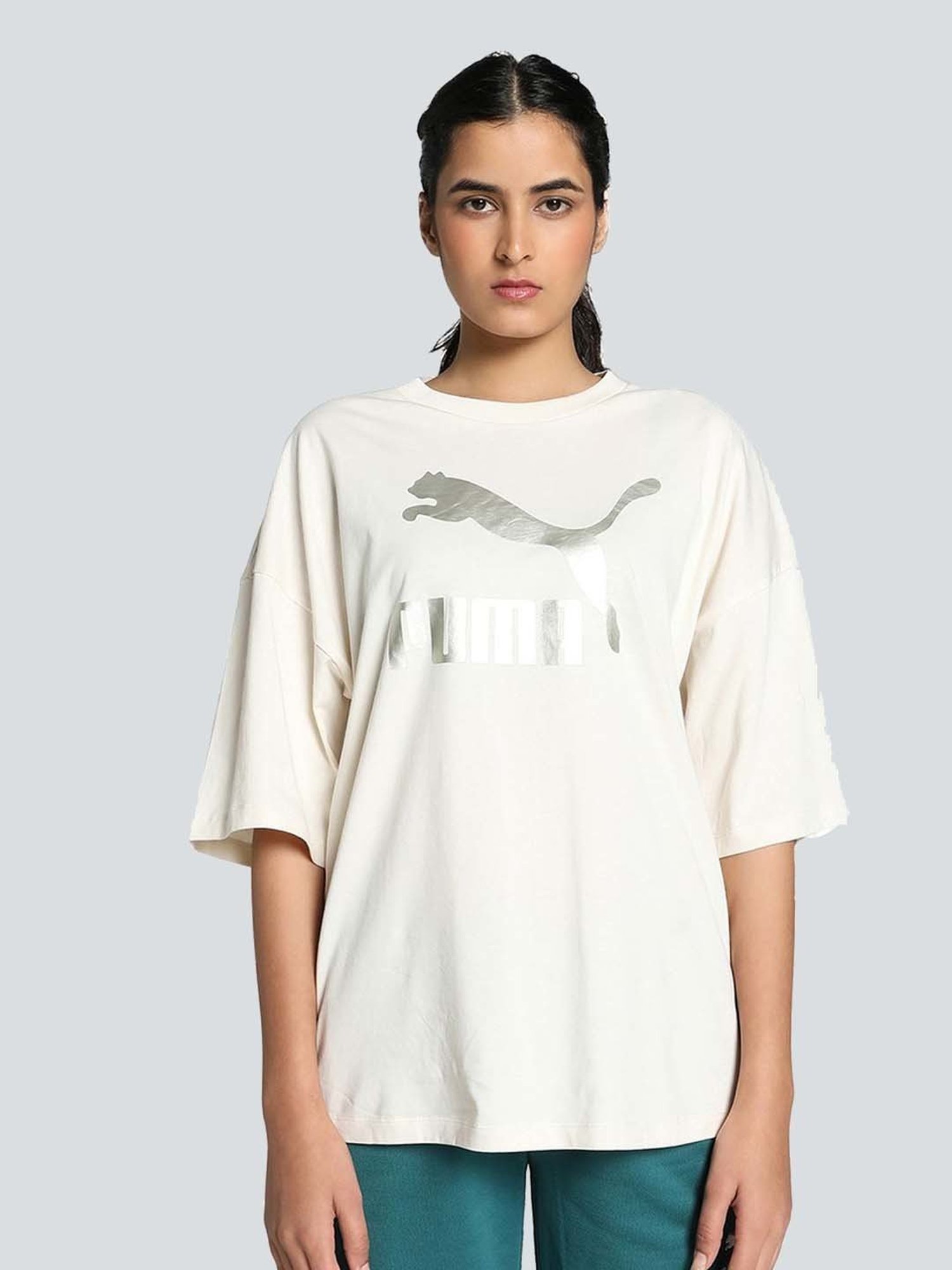 Puma White Cotton Logo Print T-Shirt