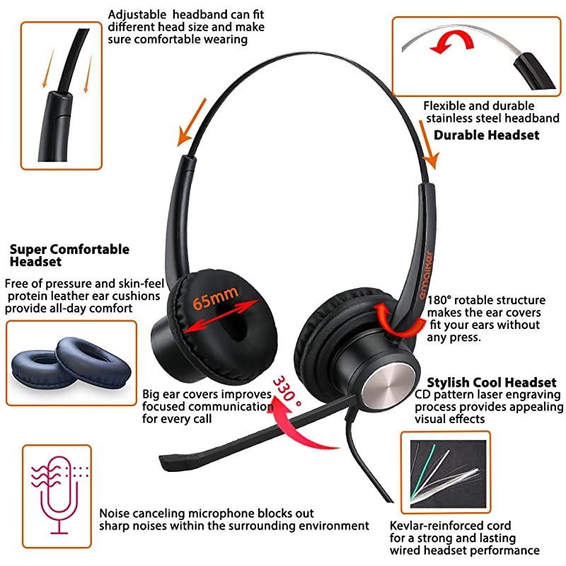 Wired Call Center Headset with Noise Cancelling Microphone & U10P Bottom Cable, Office Telephone Headset Works with Mtel Nortel Avaya Digital Polycom VVX Shoretel Aastra Digium +Plantronics