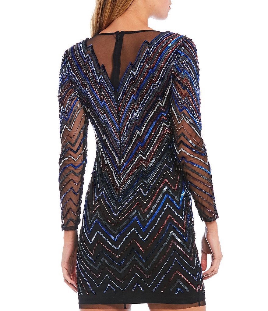 Aidan Aidan Mattox Illusion V-Neck Chevron Beaded Mesh Mini Sheath Dress