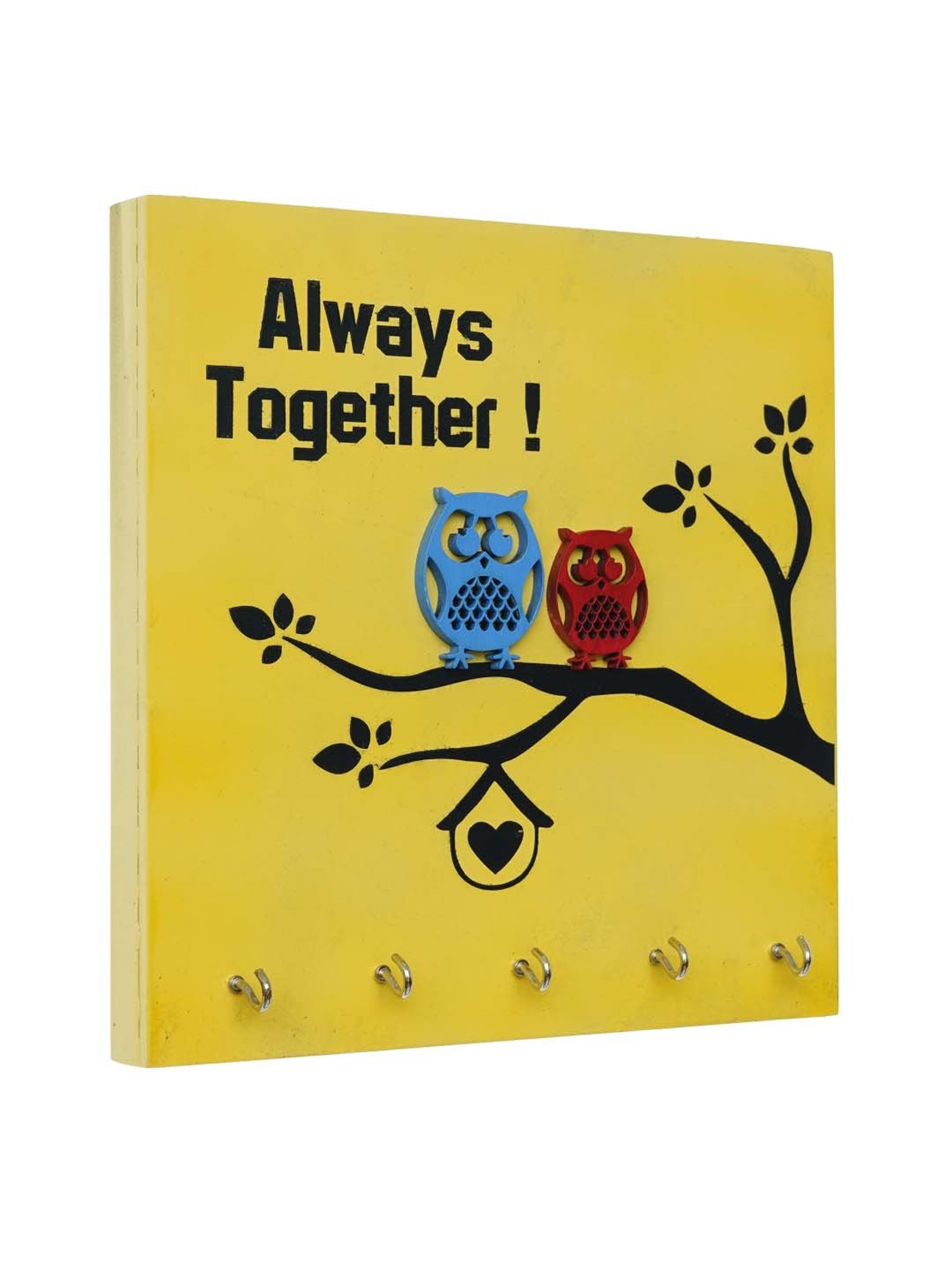eCraftIndia Yellow & Black Wooden 5-in-1 Hook 'Owls Sitting' Key Holder