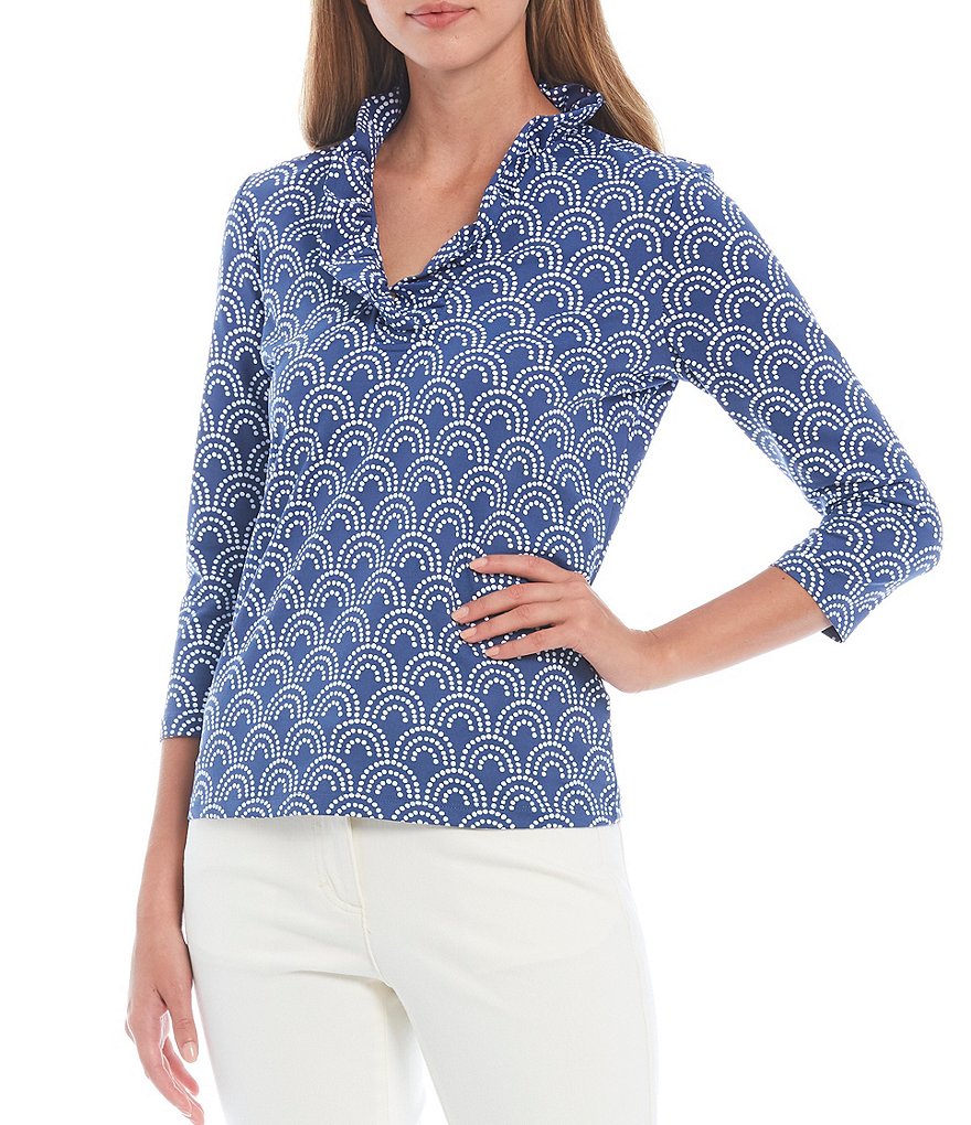 J.McLaughlin Durham Half Crescent Print Knit 3/4 Sleeve Ruffle Neck Top