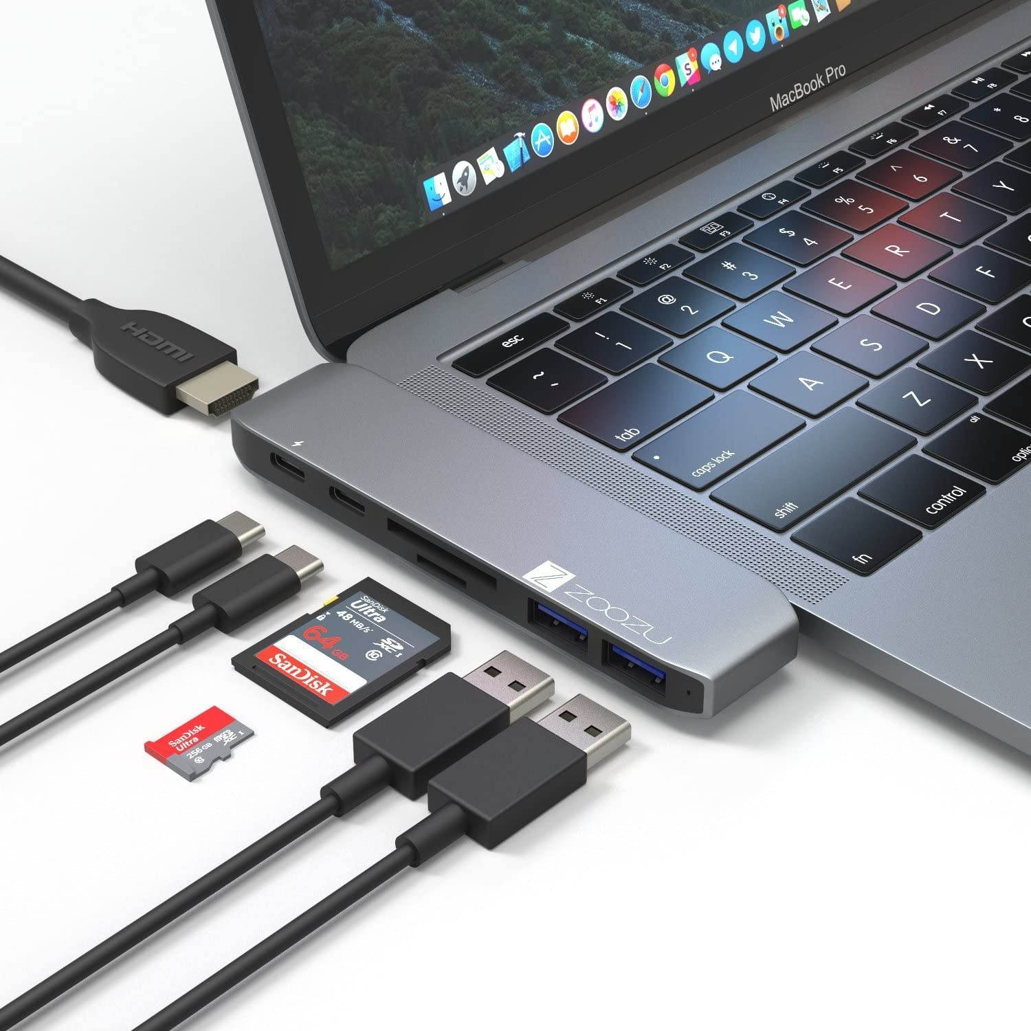 ZOOZU USB Type-C Adapter Dongle for MacBook Pro 2016-2019, MacBook Air 2018-2019, Thunderbolt 3, Pass-Through Charging, USB-C, 4K HDMI, 2 USB 3.0 Ports, SD/Micro Card Reader (Space Gray)