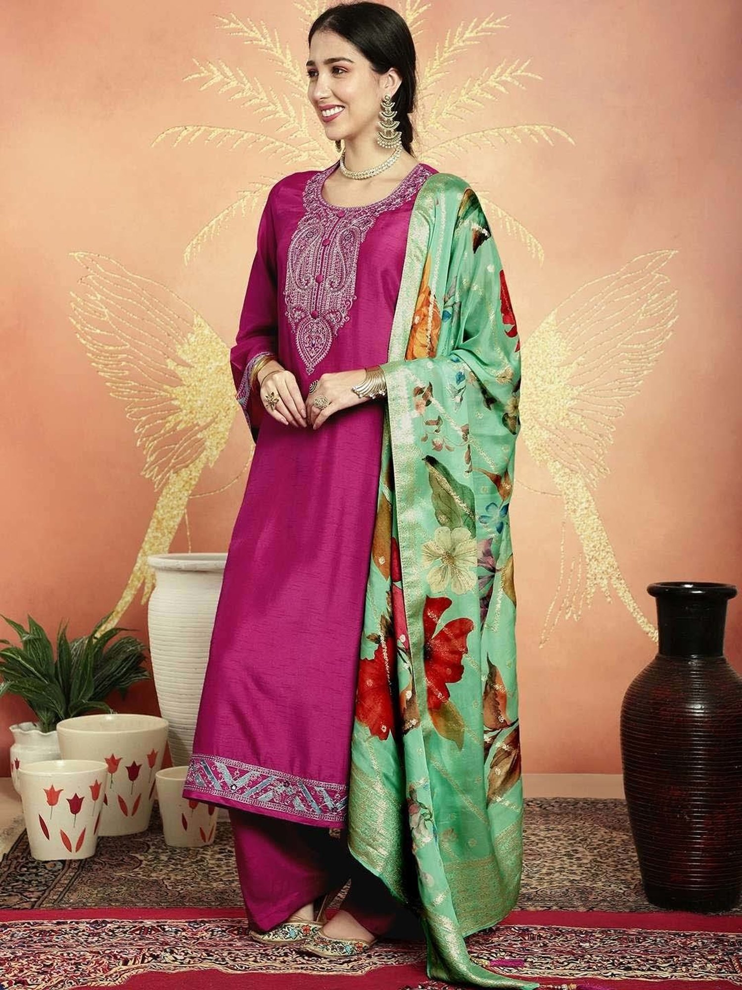 Stylee LIFESTYLE Magenta Embroidered Unstitched Dress Material