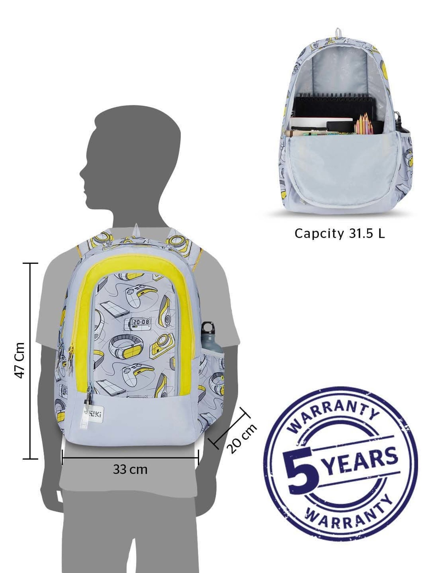 Wiki 31.5 Ltrs Grey & Yellow Medium Backpack