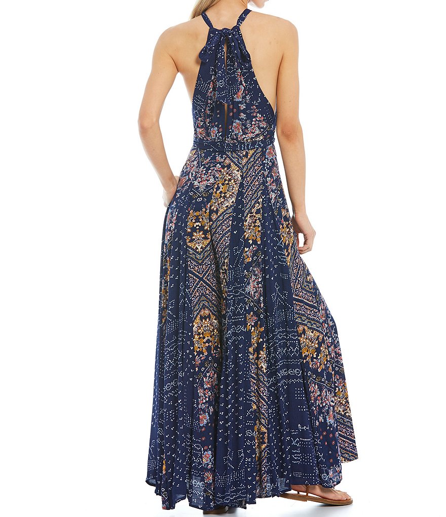 Free People Summer Soire Flare Leg Tie Waist Belt High Halter Sleeveless Jumpsuit