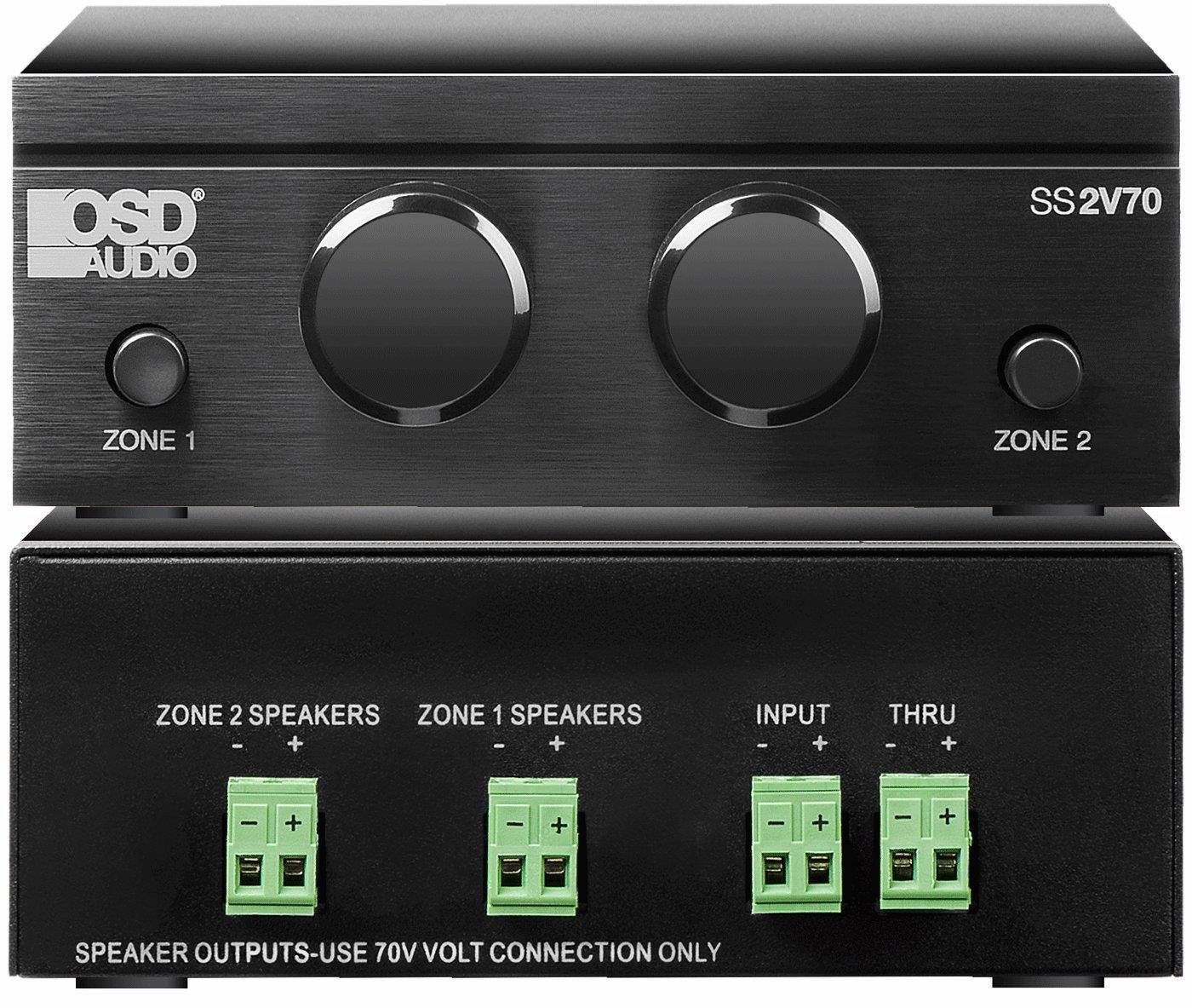 SS2V70 Mono 70V 2-Zone Brushed Aluminum Finish Speaker Selector with 2X Built-in 100W Volume Controls and Straight Pass Thru Output - OSD Audio