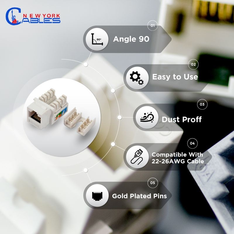 Cat6 110 Style Punch Down Keystone Jack, White, CAT 6, Rj45 90 Degree 50-Pack