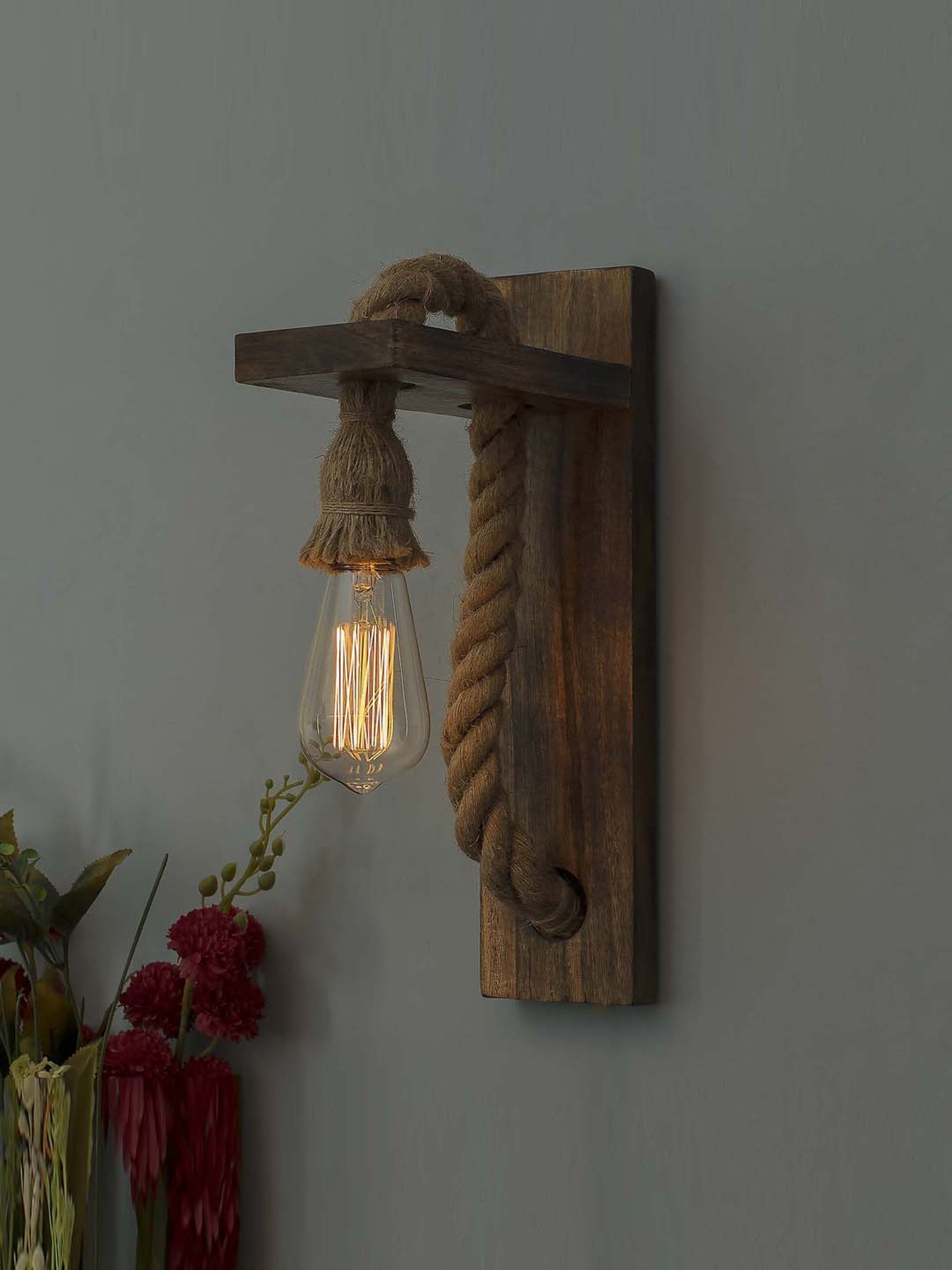 Homesake Beige Rope Wall Lamp with Wooden Stand - Set of 1