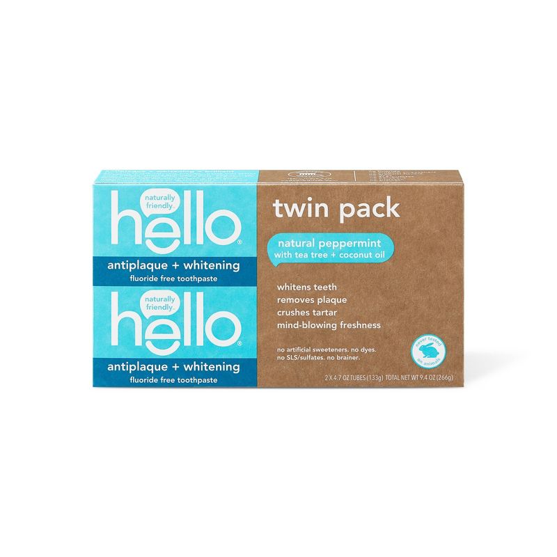hello Antiplaque + Whitening Toothpaste - Natural Peppermint Vegan & SLS Free - 9.4oz/2pk