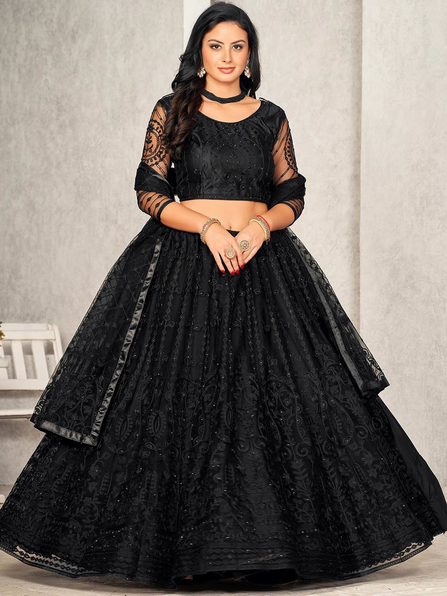 Warthy Ent Black Embroidered Lehenga Choli Set With Dupatta