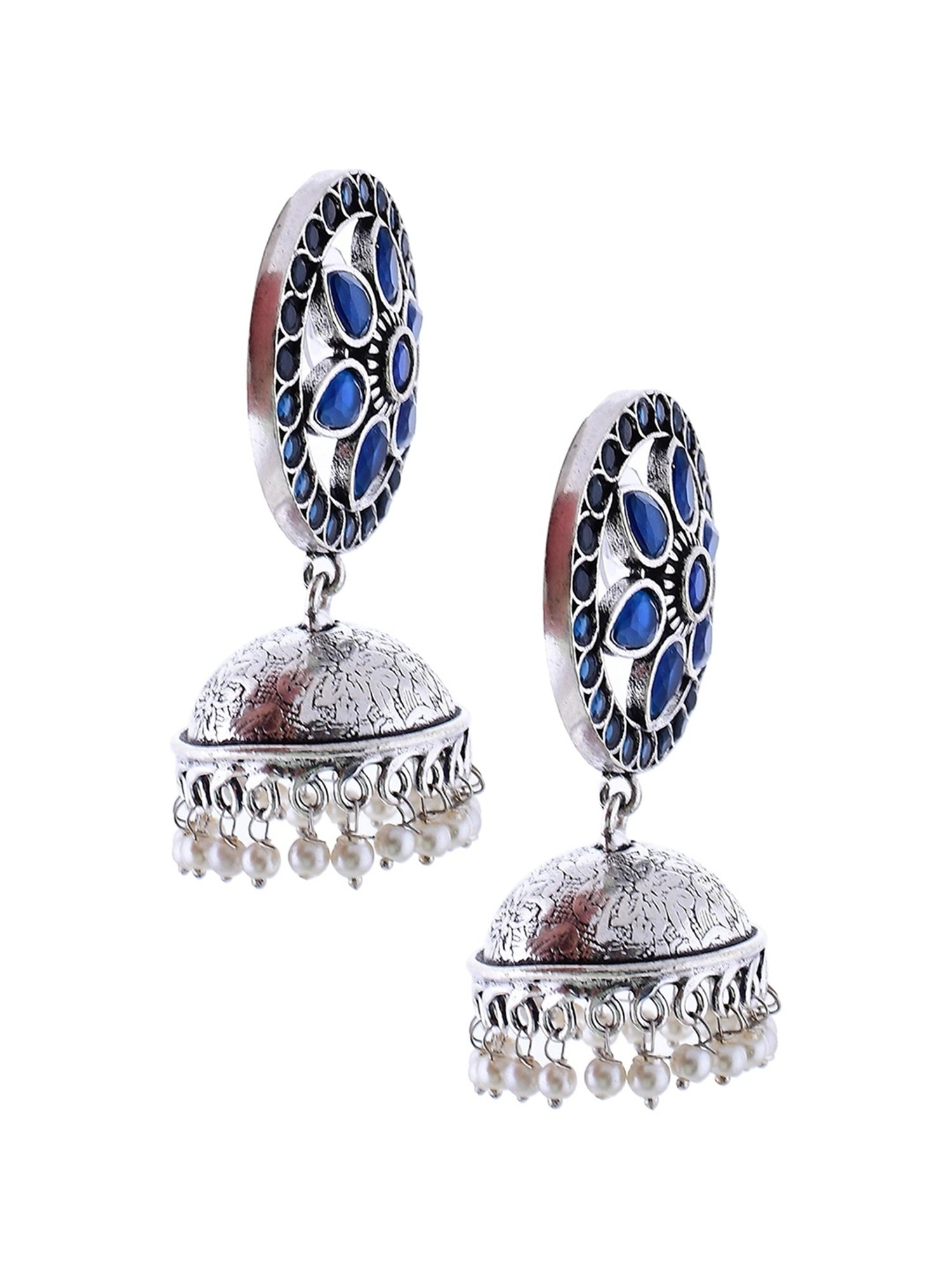 Imli Street Blue-White Silver Tone Stone-Studded Handcrafted Jhumki Earrings