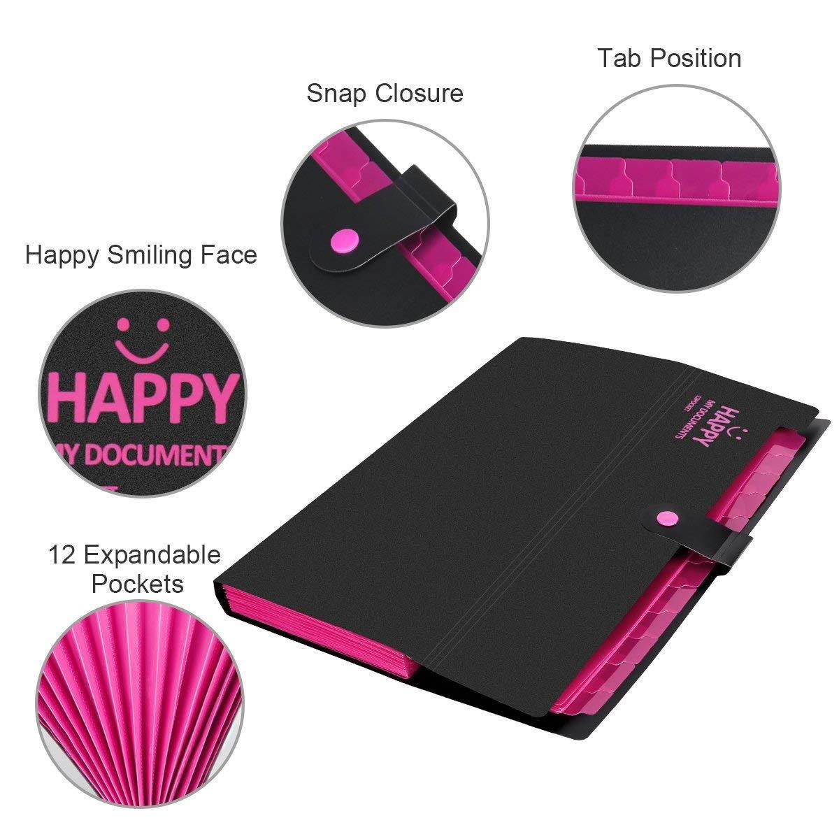 Yigou Expanding File Folder 12 Pockets with Snap Button, Portable Accordion Office Document Organizer Letter A4 Paper Size [Black]