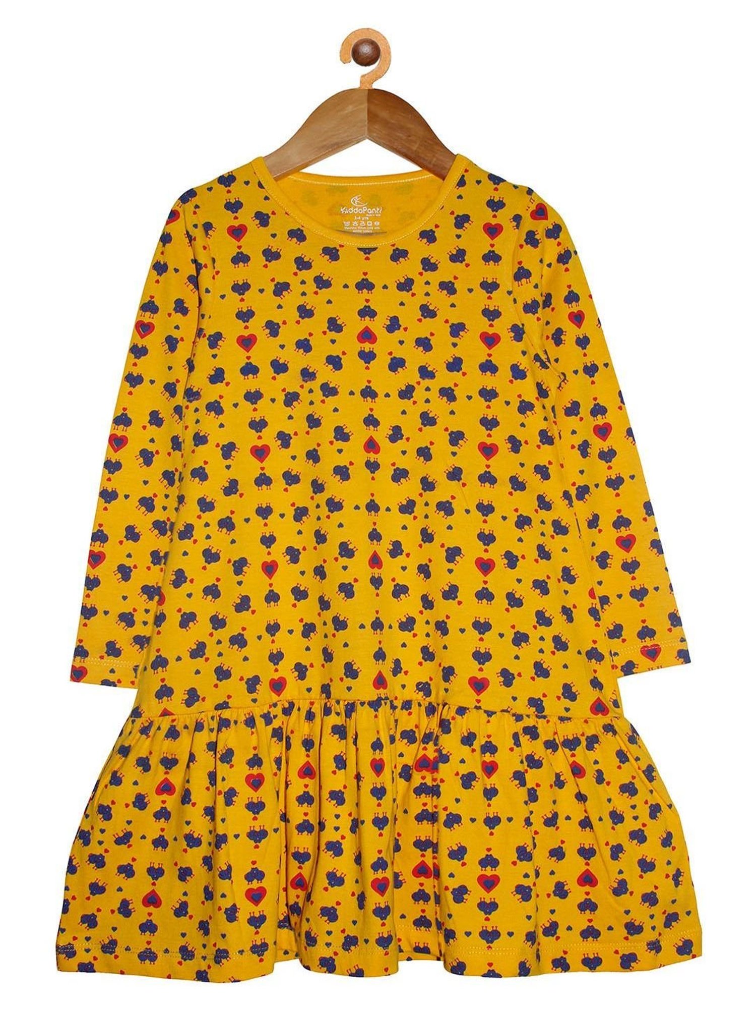 Kiddopanti Kids Yellow Printed Full Sleeves Dress