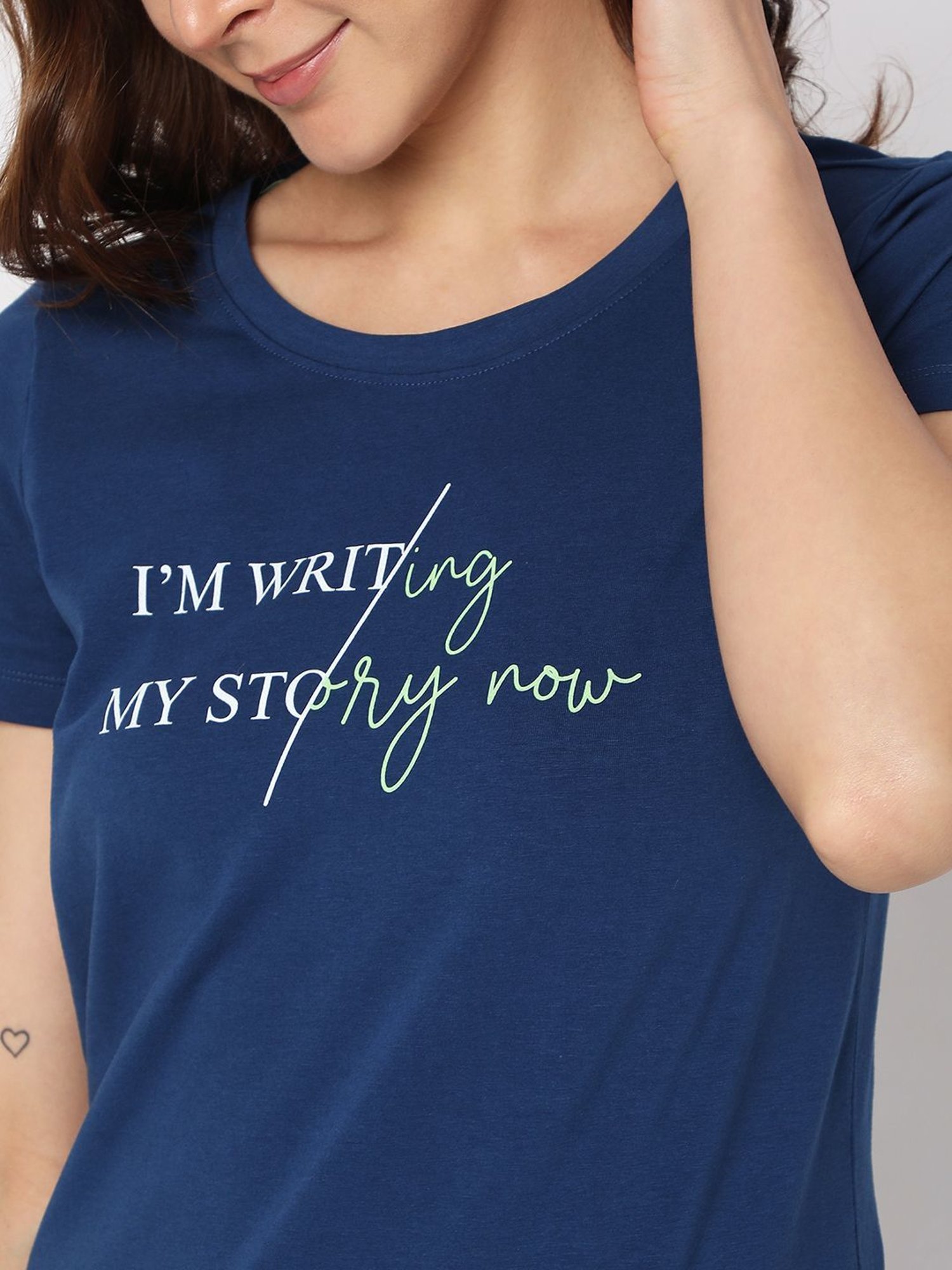 Vero Moda Intimates Navy & Beige Cotton Graphic Print T-Shirt With Pyjamas