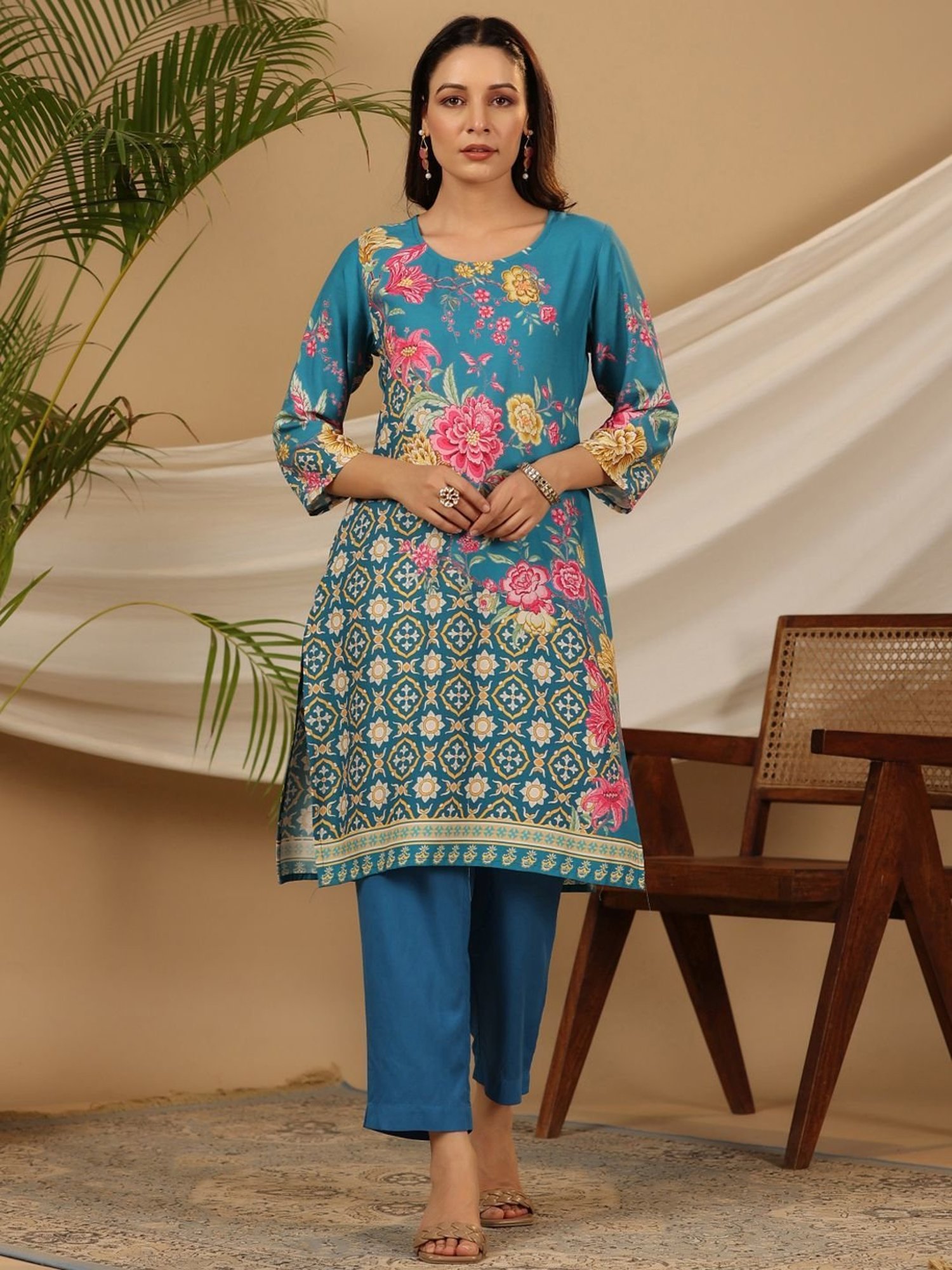 Juniper Blue Floral Printed Rayon Kurta Pants & Dupatta Set With Sequins Work