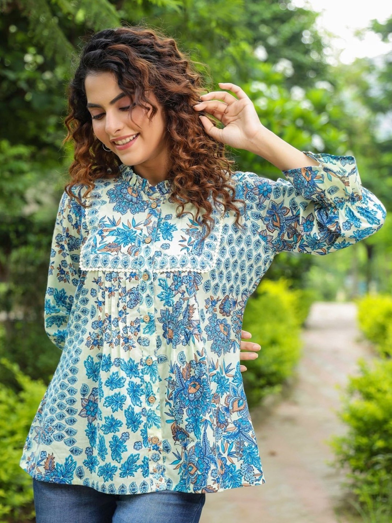 Rain and Rainbow Blue Cotton Floral Print Top