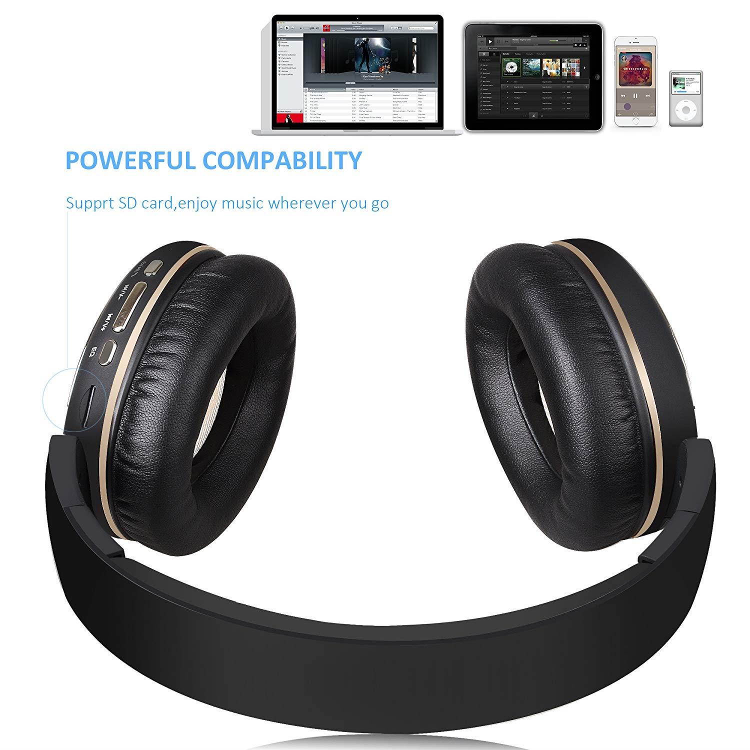 Bluetooth Headphones, Riwbox WB5 Bluetooth 4.2 Wireless Foldable Headphones Over Ear with Microphone, 5 EQ Sound Modes, Soft Memory-Protein Earmuffs, Wireless and Wired Headset for PC (Black Gold)