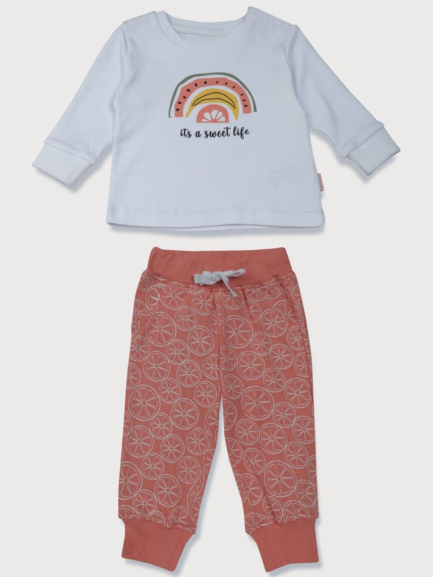 GJ baby Kids White & Peach Cotton Graphic Full Sleeves T-Shirt Set