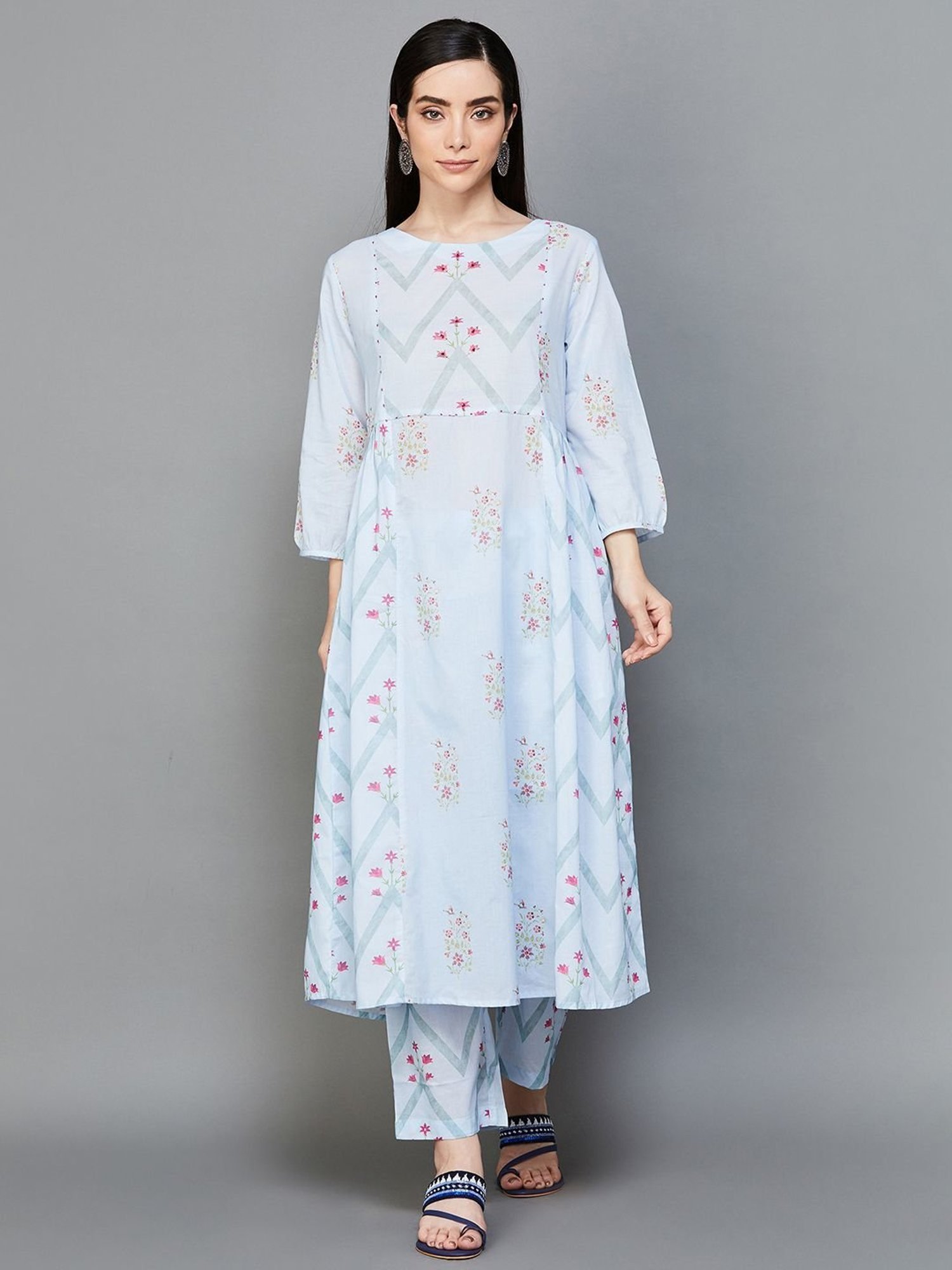 Melange by Lifestyle Blue Cotton Printed Anarkali Palazzo Set