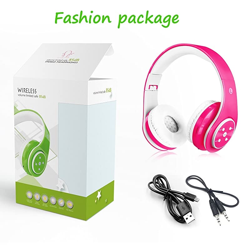 Headphones Bluetooth Wireless 85db Volume Limited Childrens Headset, up to 6-8 Hours Play, Stereo Sound, SD Card Slot, Over-Ear and Build-in Mic Wireless/Wired Headphones for Boys Girls(Pink)
