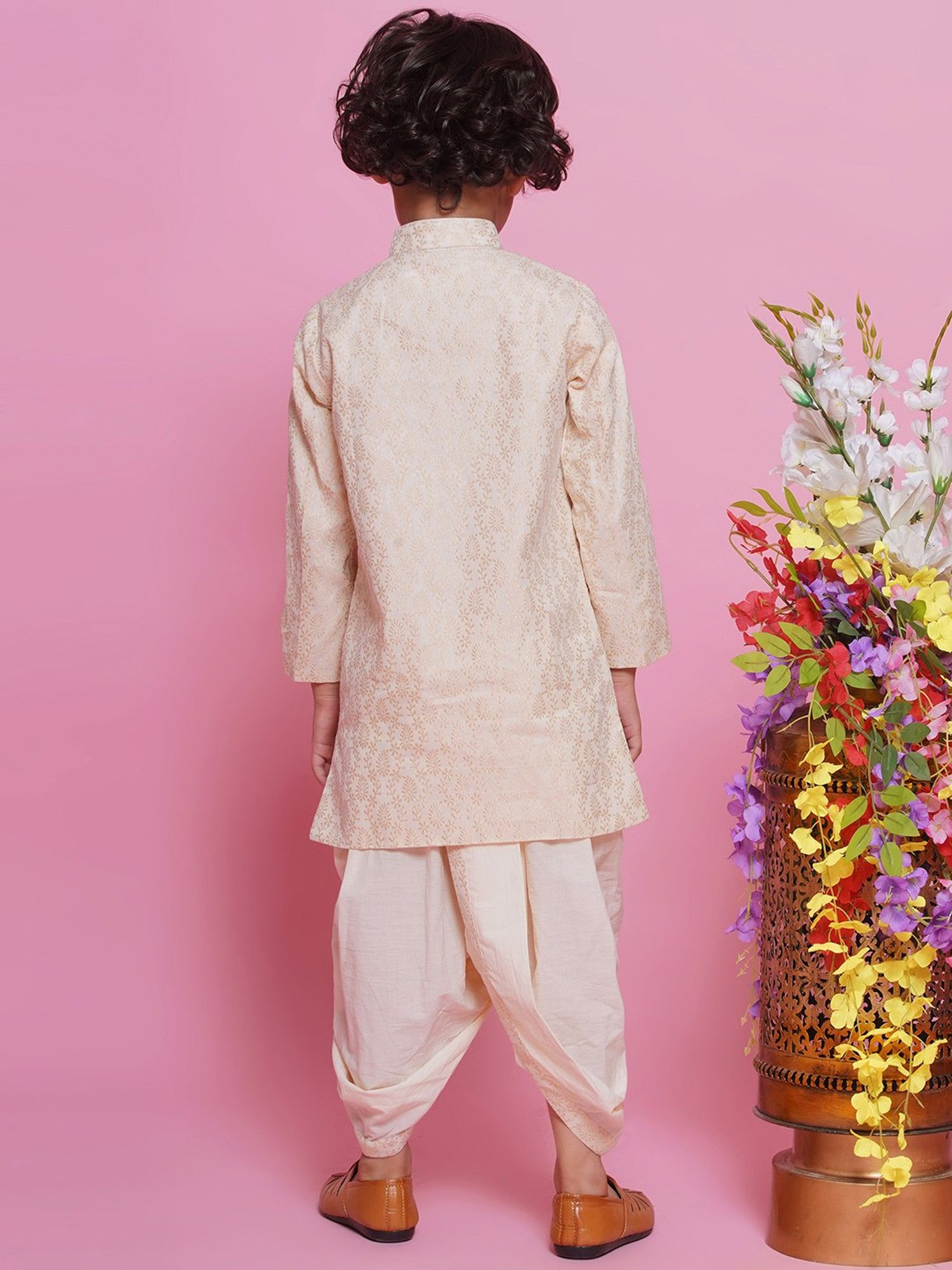 Little Bansi Kids Cream Embroidered Full Sleeves Sherwani with Dhoti