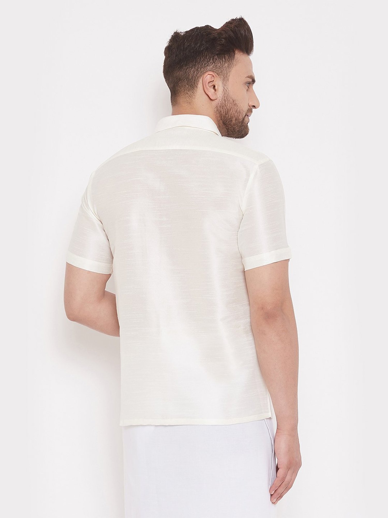 VASTRAMAY Cream Straight Fit Self Pattern Shirt