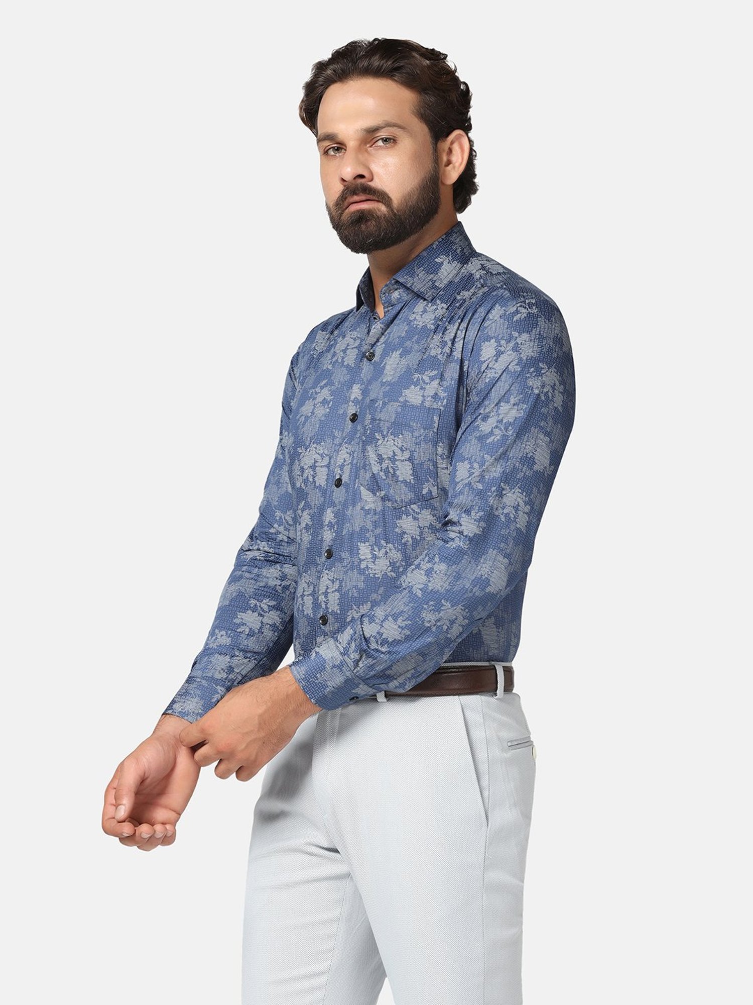 TAHVO Dark Blue Slim Fit Printed Shirt