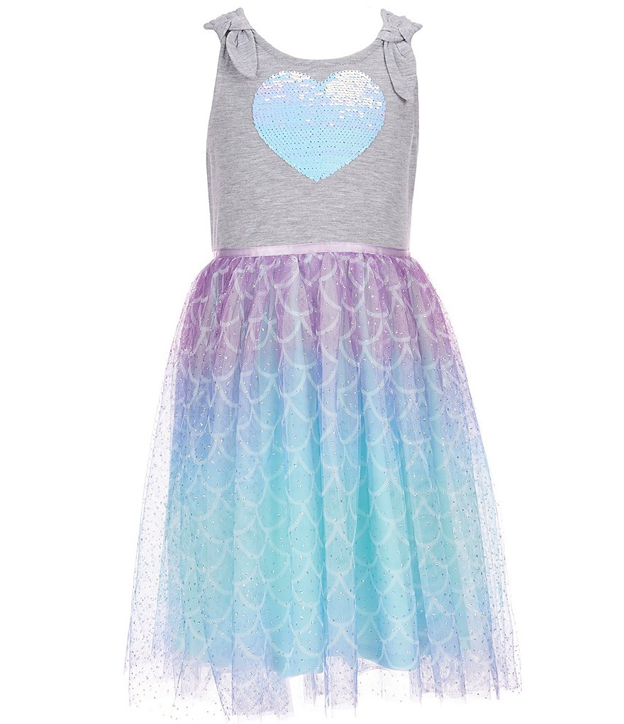 Zunie Little Girls 4T-6X Bow Sleeveless Flip Sequin Heart Mermaid Scale Mesh Tutu Dress