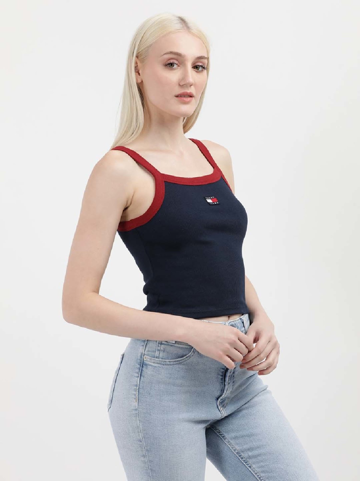 TOMMY HILFIGER Navy Cotton Logo Patch Work Top