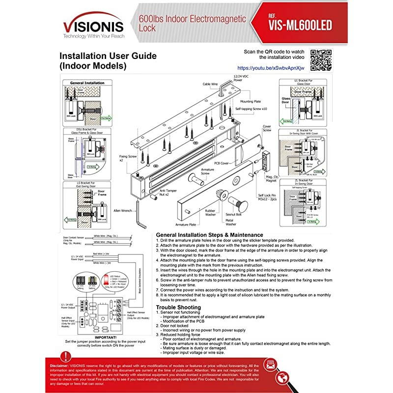 VS-VISML600LED Indoor 600lbs Electromagnetic Lock with LED Sensor