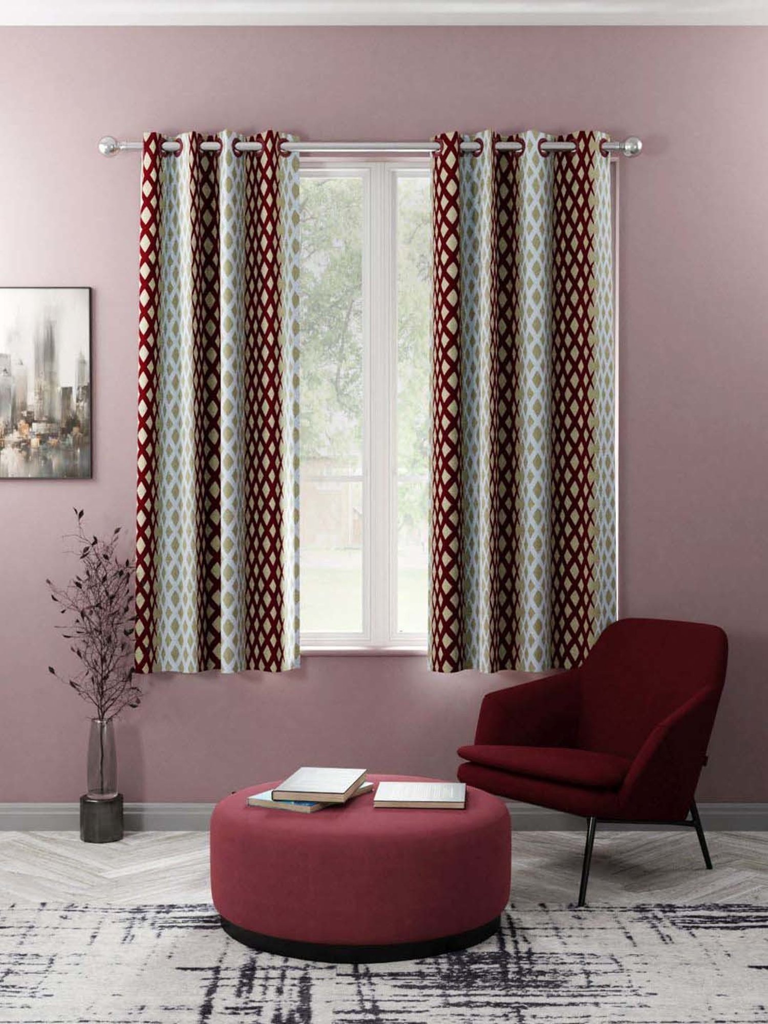 Bianca SANTORO Beige & Maroon Faux Silk 5 Ft. Window Curtain - Set of 2