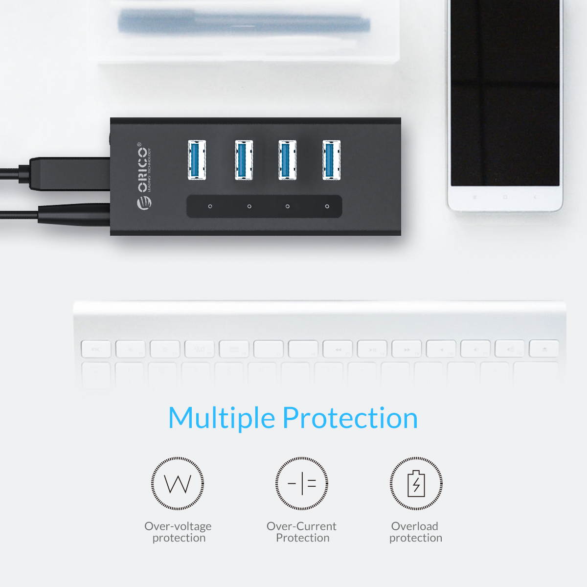 USB 3.0 Hub, Portable SuperSpeed 4 Port USB 3.0 Hub with Built-in Cable , USB Extension Multi-function USB Dock Hot Swapping Support for  Mac, PC, USB Flash Drives and Other Devices