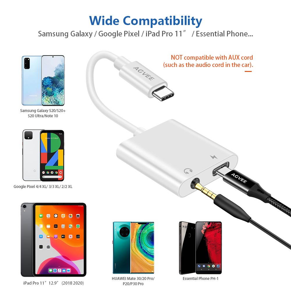 AGVEE 2-in-1 USB-C to 3.5mm Jack Microphone Headphone Adapter, Type-C Mic AUX Earbud Splitter, USBC Audio Earphone Converter, PD Charging Dongle for Samsung S21 S20 Note 20/10, iPad Pro, Pixel, White