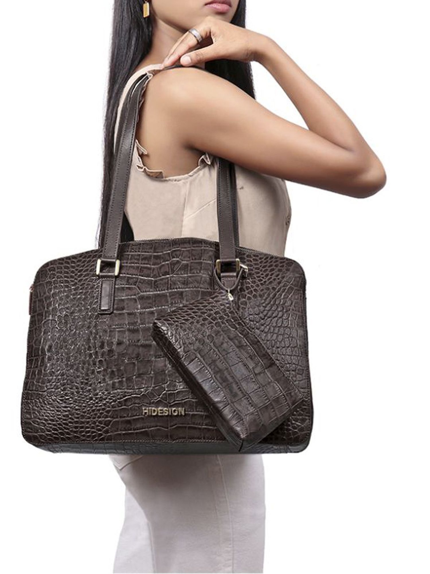 Hidesign Freedom Brown Textured Medium Tote Handbag With Pouch