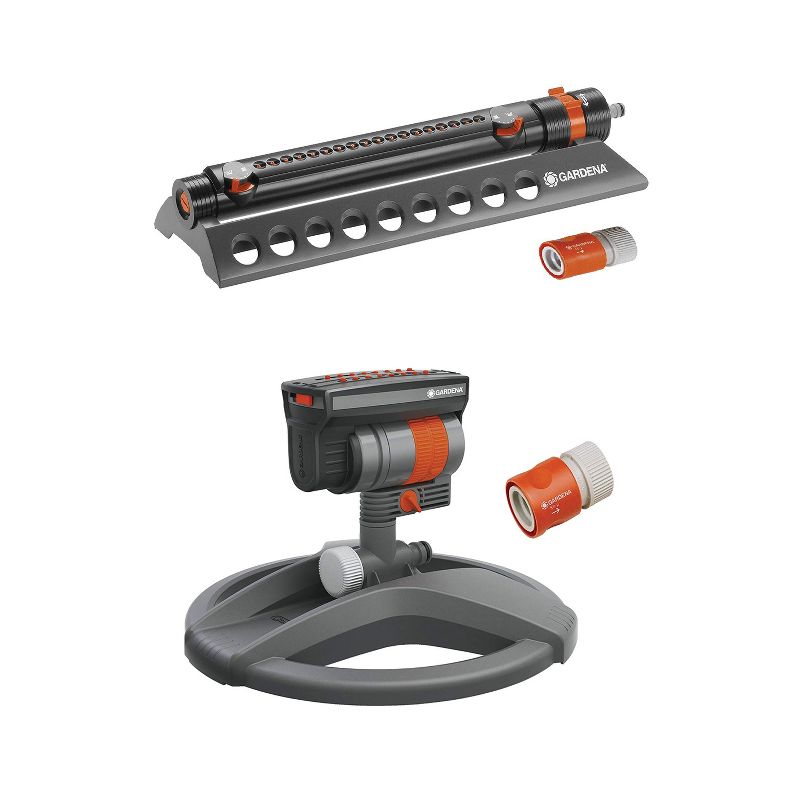 Gardena 1973 Aquazoom 2700 Square Foot Oscillating Garden Lawn Water  Bundle with 84-BZMX Outdoor ZoomMaxx Oscillating Sprinkler on Weighted Sled Base