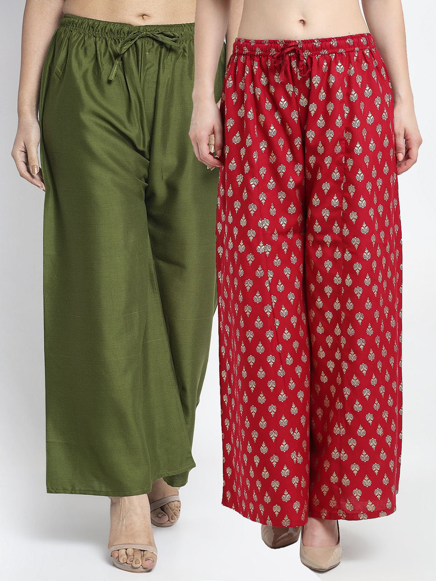 Gracit Maroon & Green Printed Palazzos - Pack Of 2