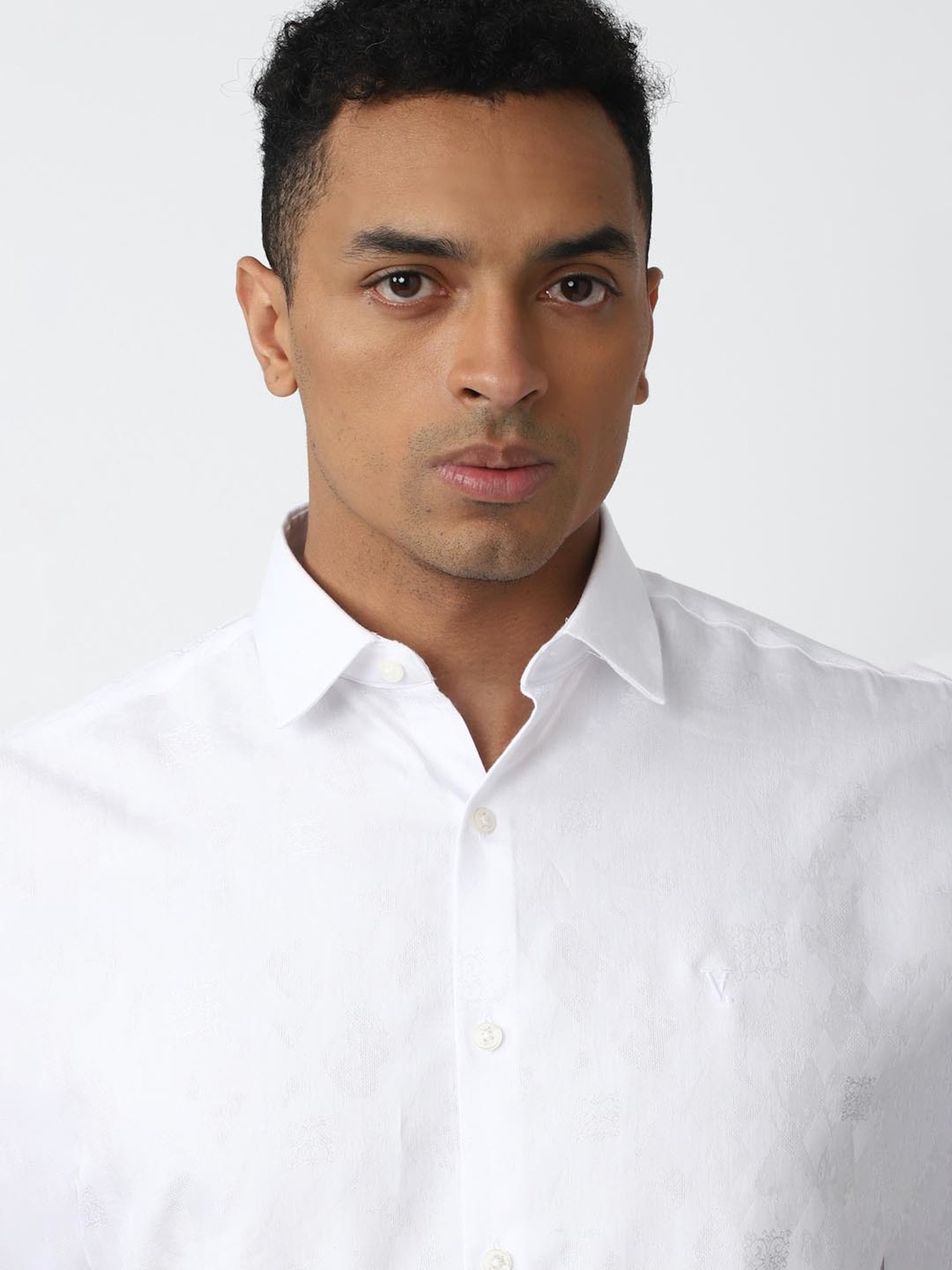 V Dot White Cotton Slim Fit Shirt