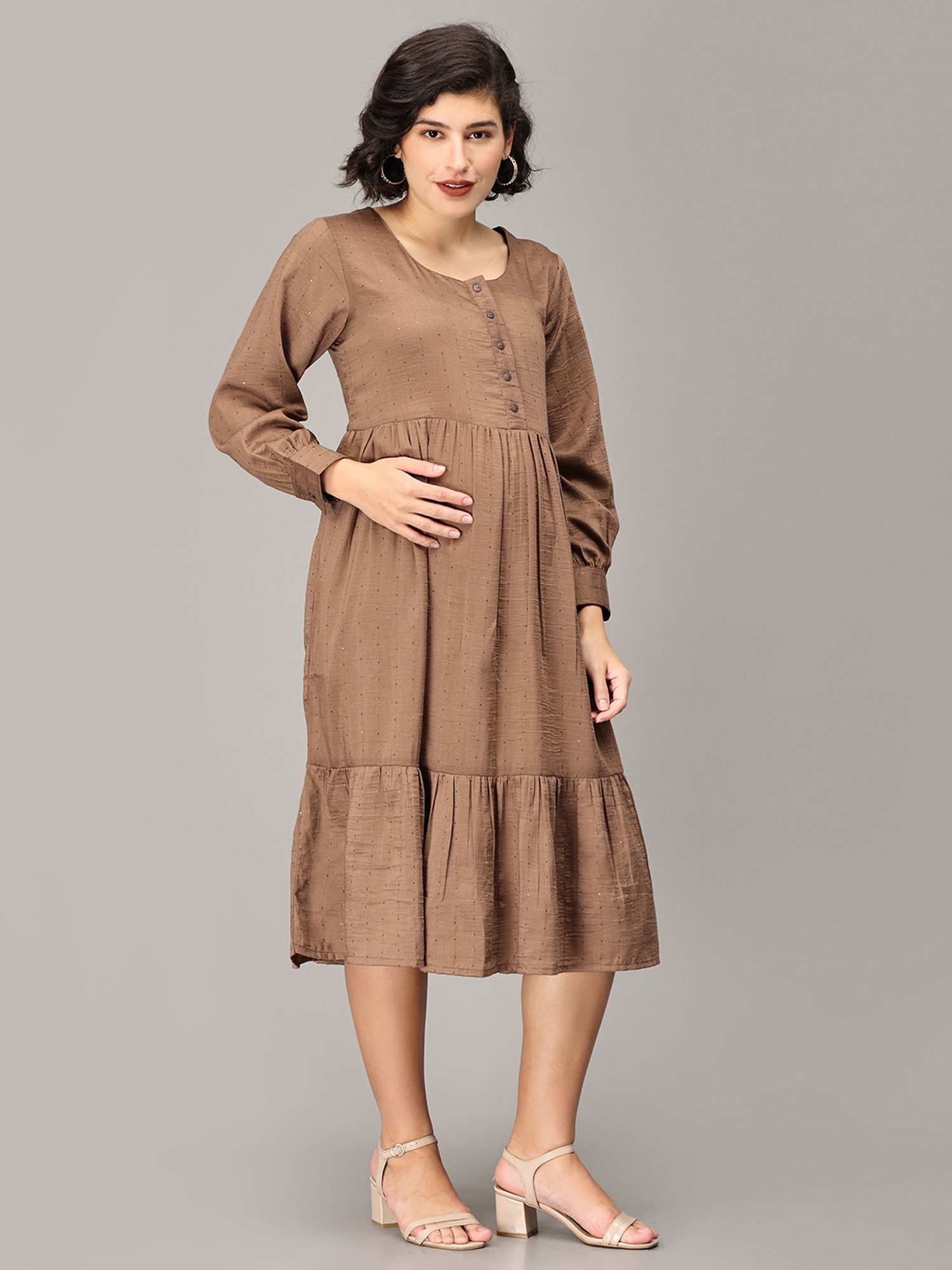 The Mom Store Brown Self Design Maternity Tier Midi Dress