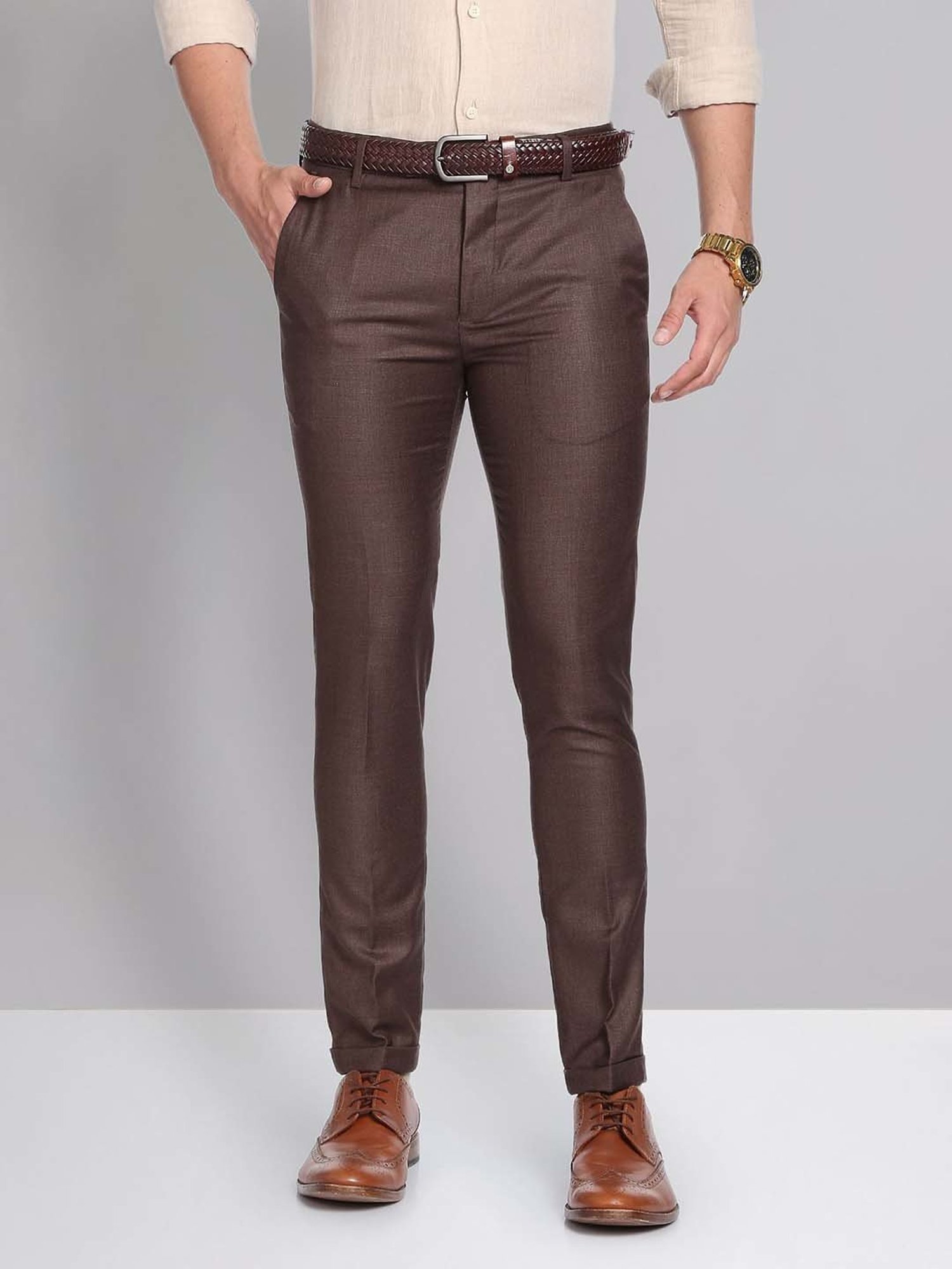 AD by Arvind Dark Brown Slim Fit Flat Front Trousers