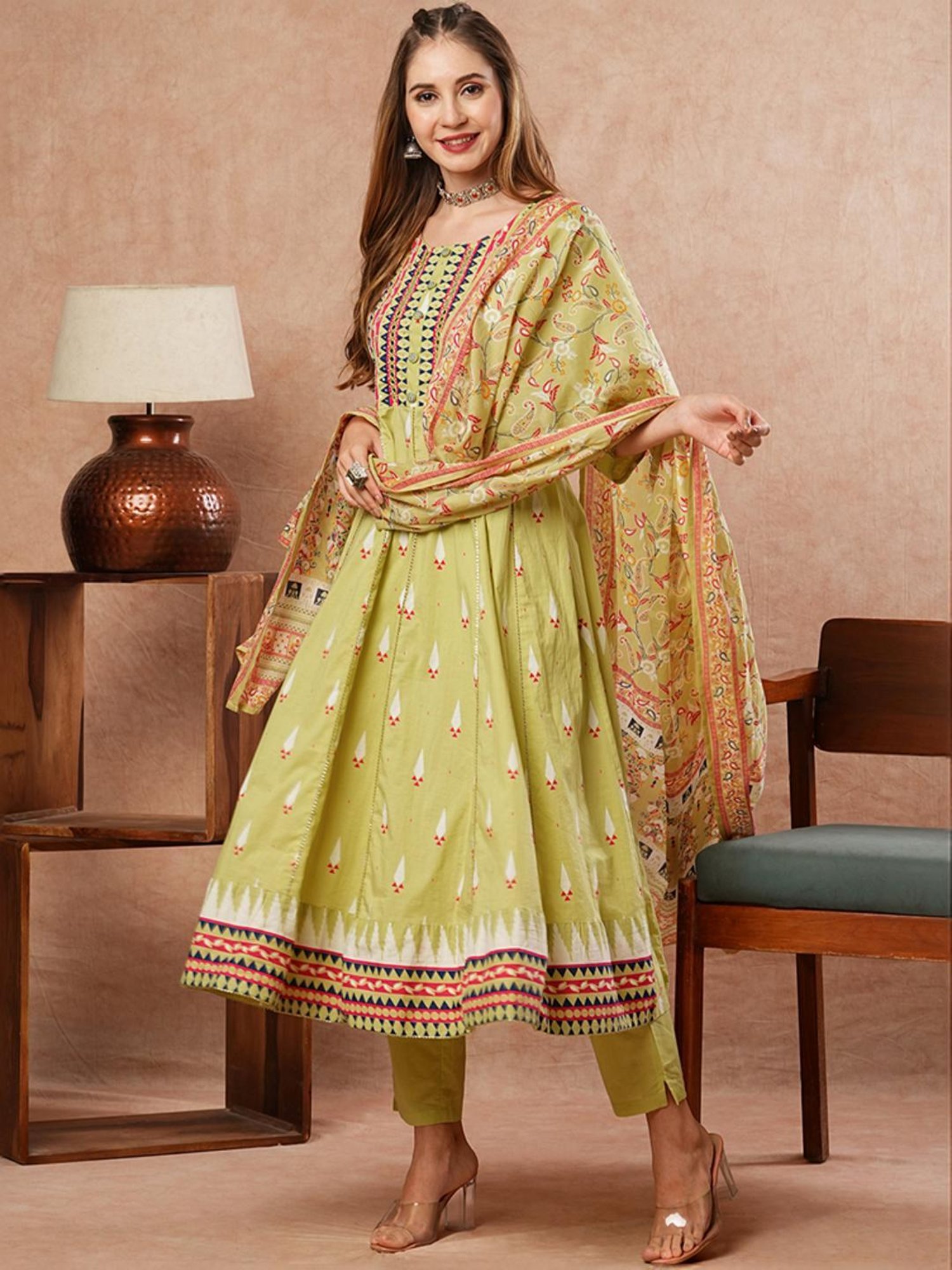 Fashor Green Cotton Printed Kurta Pant Set With Dupatta