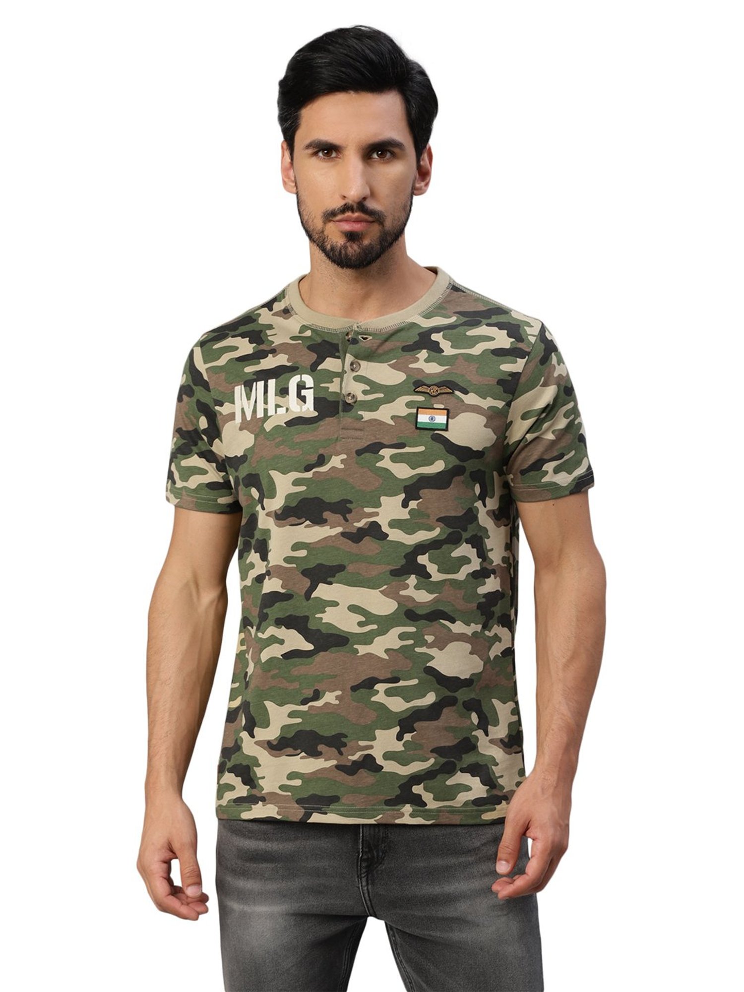 Royal Enfield MLG Urban Olive Regular Fit Camo Print Henley T-Shirt