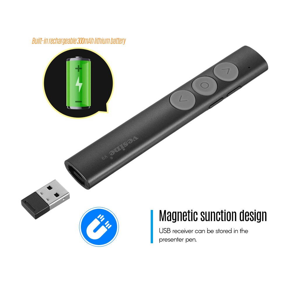 Vesine 2.4GHz RF Wireless Presenter with USB Receiver Red Light Professional PowerPoint PPT Clicker Presentation Remote Control Pointer Pen Support Hyperlink Volume Control Rechargeable for School & O