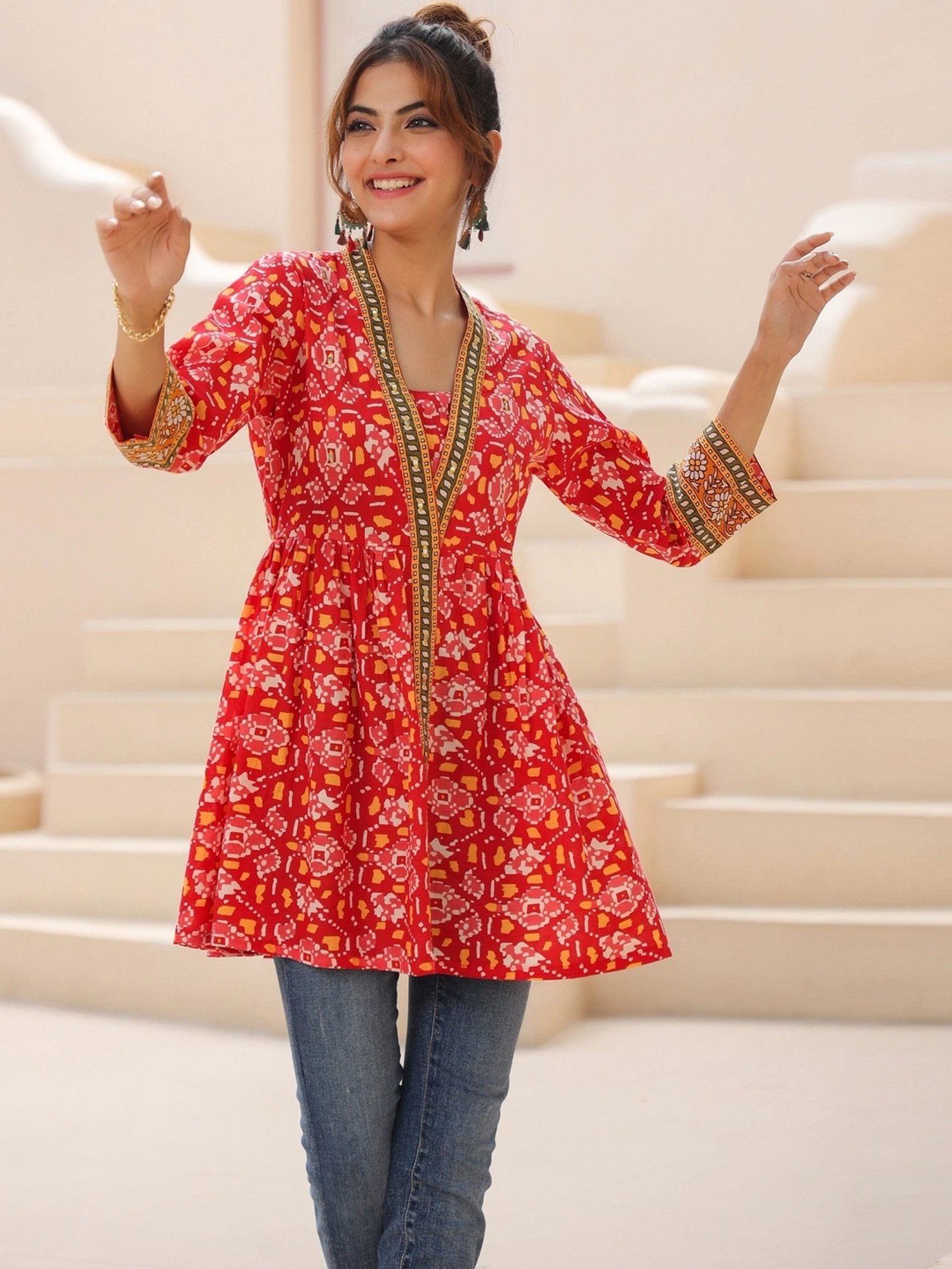 Rain and Rainbow Red Cotton Printed Top