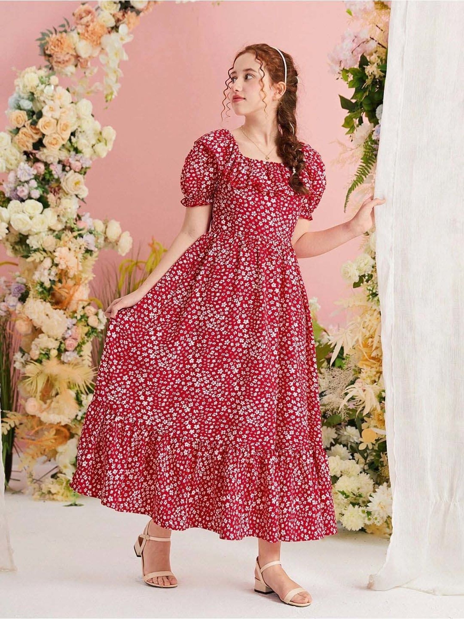 Bolly Lounge Girls Ruby Red Floral Dress